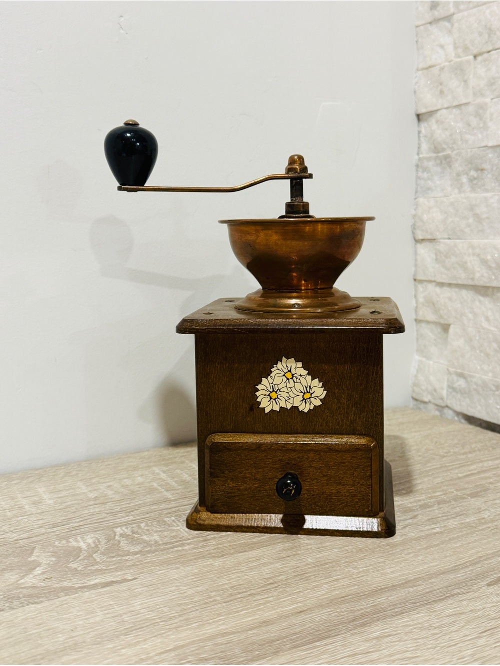 Vintage Wooden Coffee Grinder Hand Crank Brass Hopper Floral Western Germany
